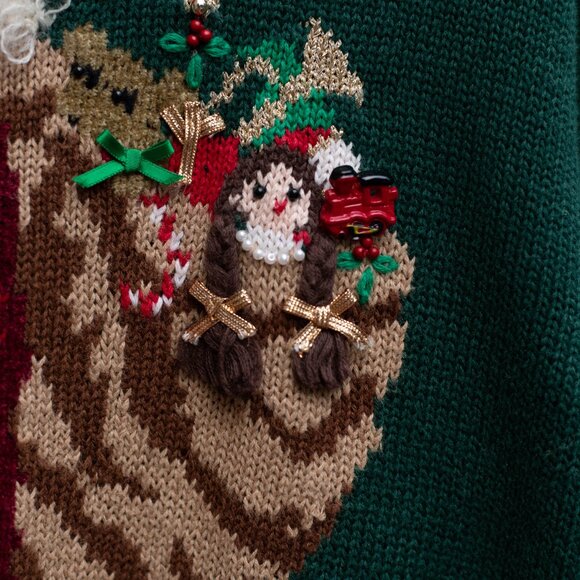 Susan Bristol Christmas Sweater M – Santa Embroidered 90s Green Holiday Knit - Picture 2 of 11
